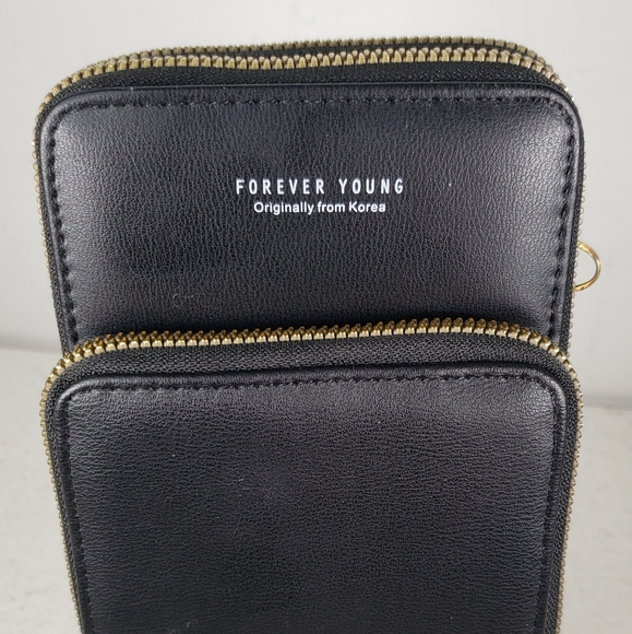 Forever Young Black Vegan Leather 3 Compartment Crossbody Cell Phone Wallet - Picture 2 of 13